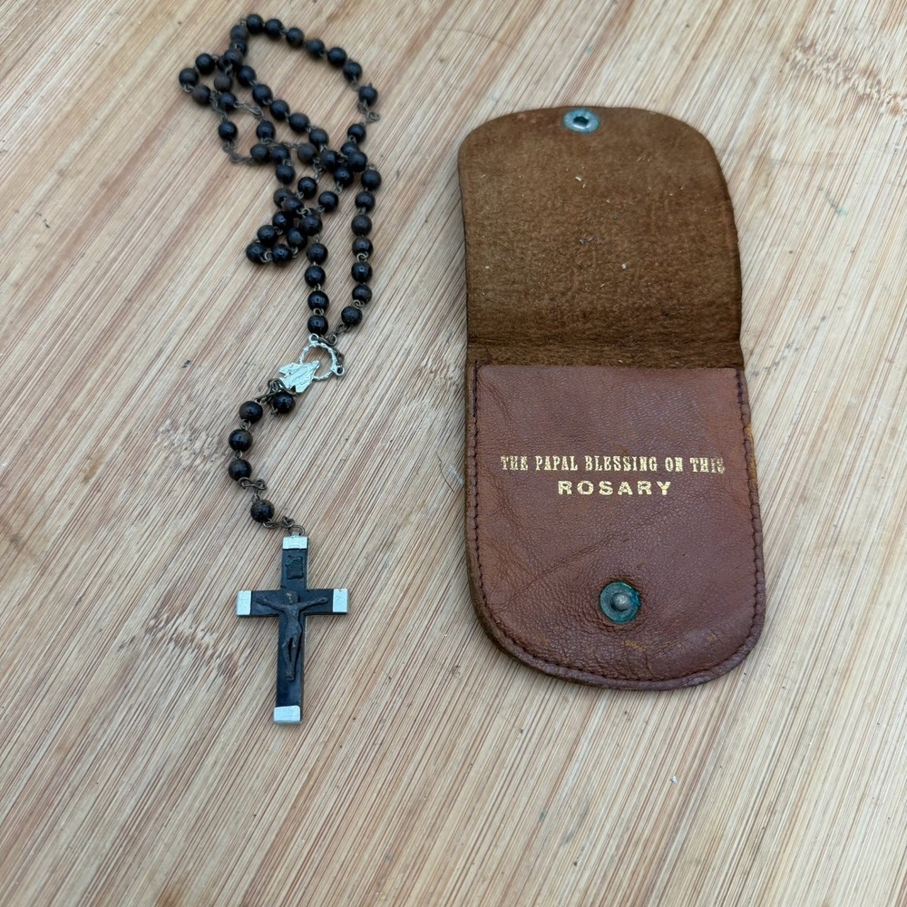 Vintage Rosary Black Wooden Beads Crucifix Silver Accents With Leather Pouch